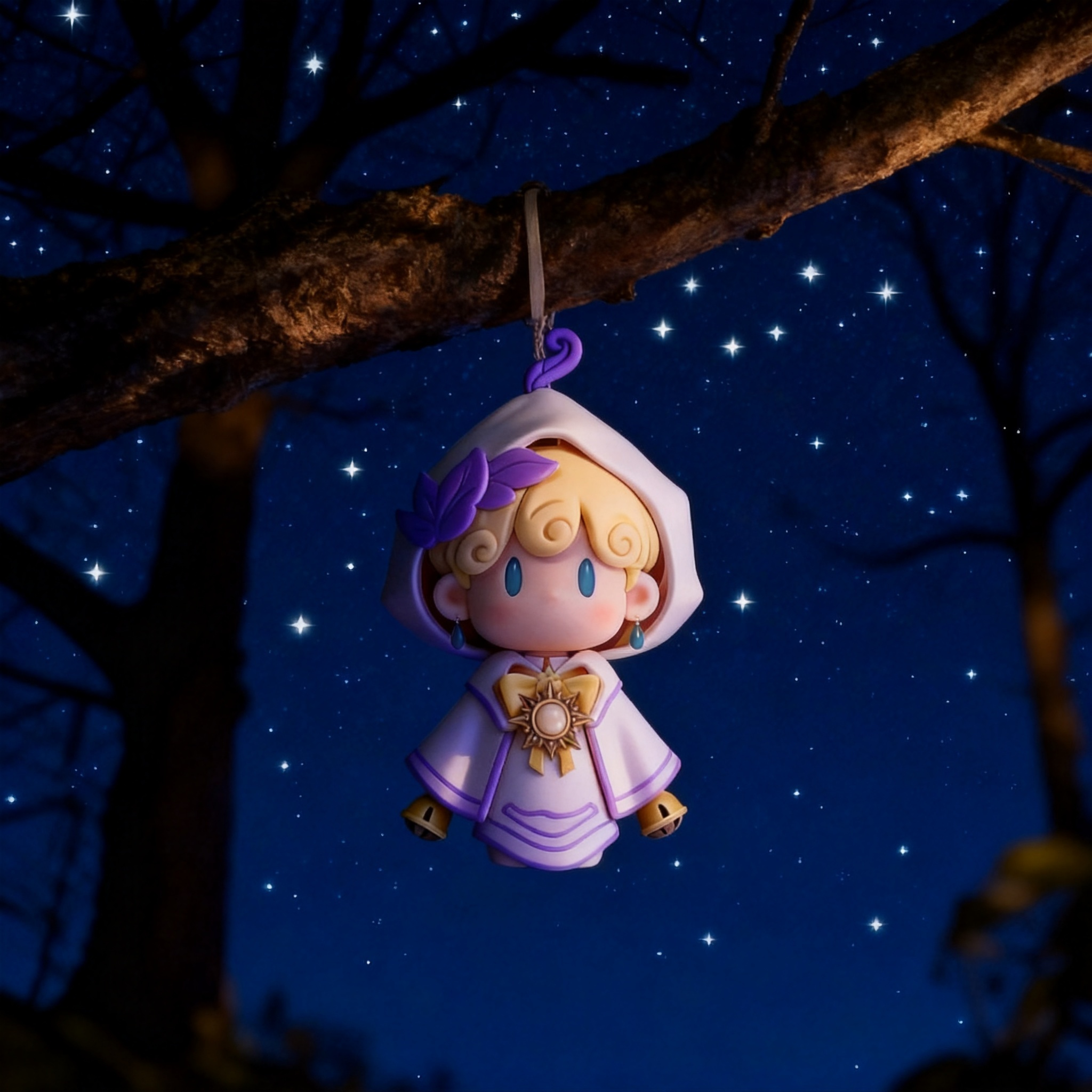 Noyn 星夜形态：紫色叶饰与斗篷镶边，悬挂在星空下